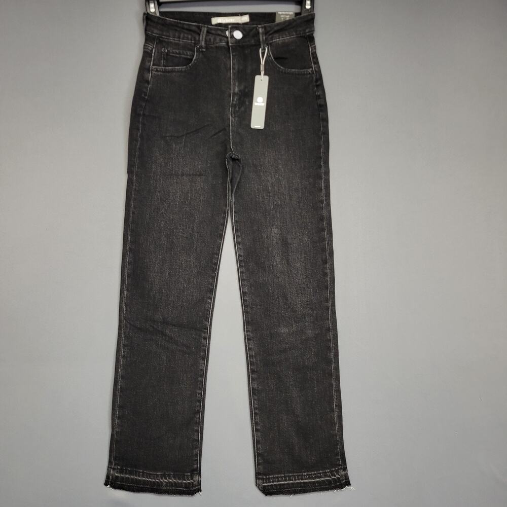 Tractr Jeans Womens 0 Black High Rise Straight Stretch Frayed Hem Premium Denim